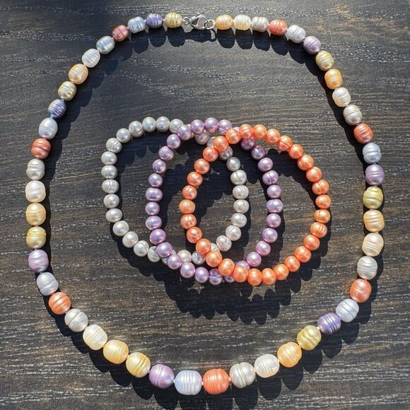 Honora 20” Multicolor Freshwater Pearl Necklace + Stretch Bracelets Sterling 925 - Picture 13 of 15